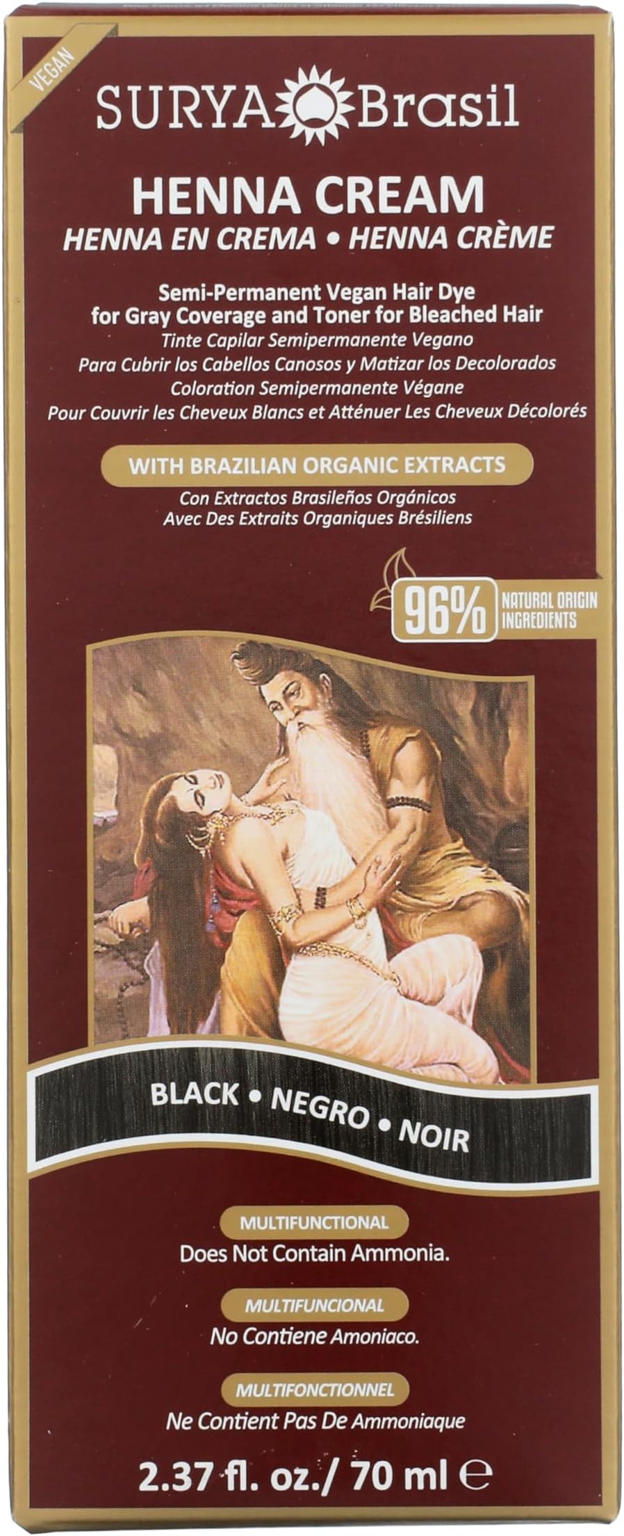 Surya Brasil Henna Cream Black - 96% Natural Ingredients, Vegan, Cruelty-Free, Eco-Friendly, Semi-Permanent Hair Color, Deep Hydration & Shine, 2.37 oz
