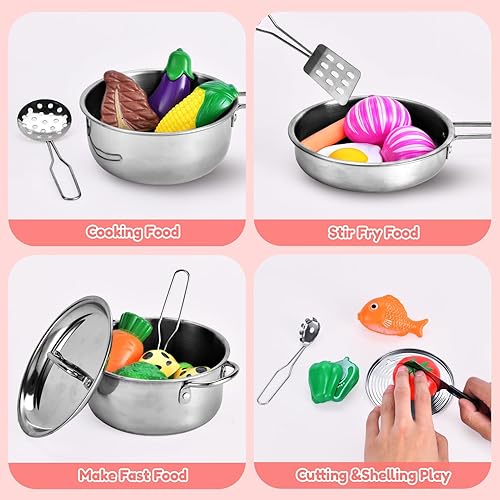 Miniatura 4 de Juego de accesorios de cocina, juego de 25 ollas y sartenes para niños, juego de cocina de acero inoxidable con delantal de comida para jugar, juego