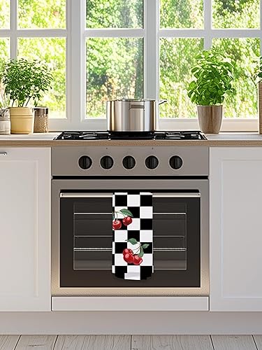 Miniatura 3 de Toallas de mano de cereza para cocina y baño  Toallas de té decorativas retro a cuadros en blanco y negro, accesorios de decoración de cocina de
