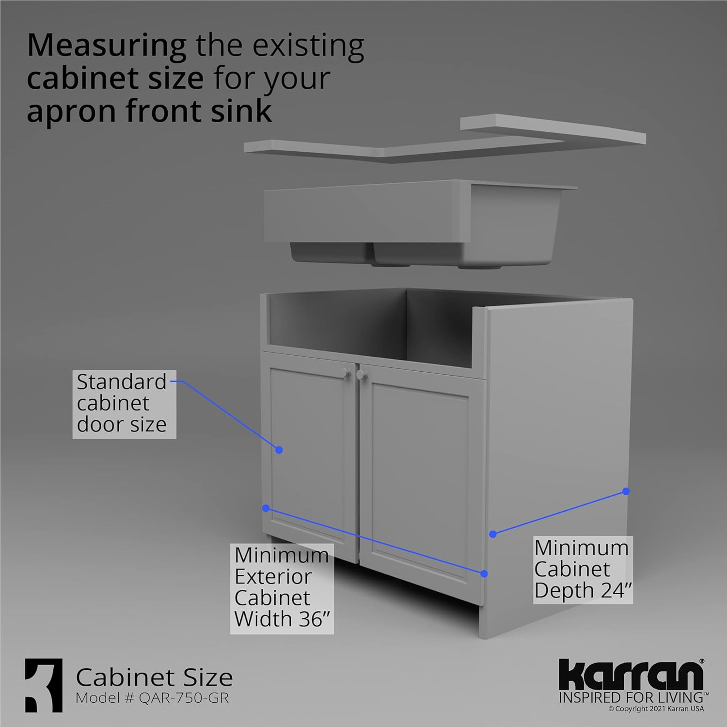 Karran QAR-750 Retrofit Farmhouse Apron Front Quartz Composite 34 in. Double Bowl Kitchen Sink Kit in Grey