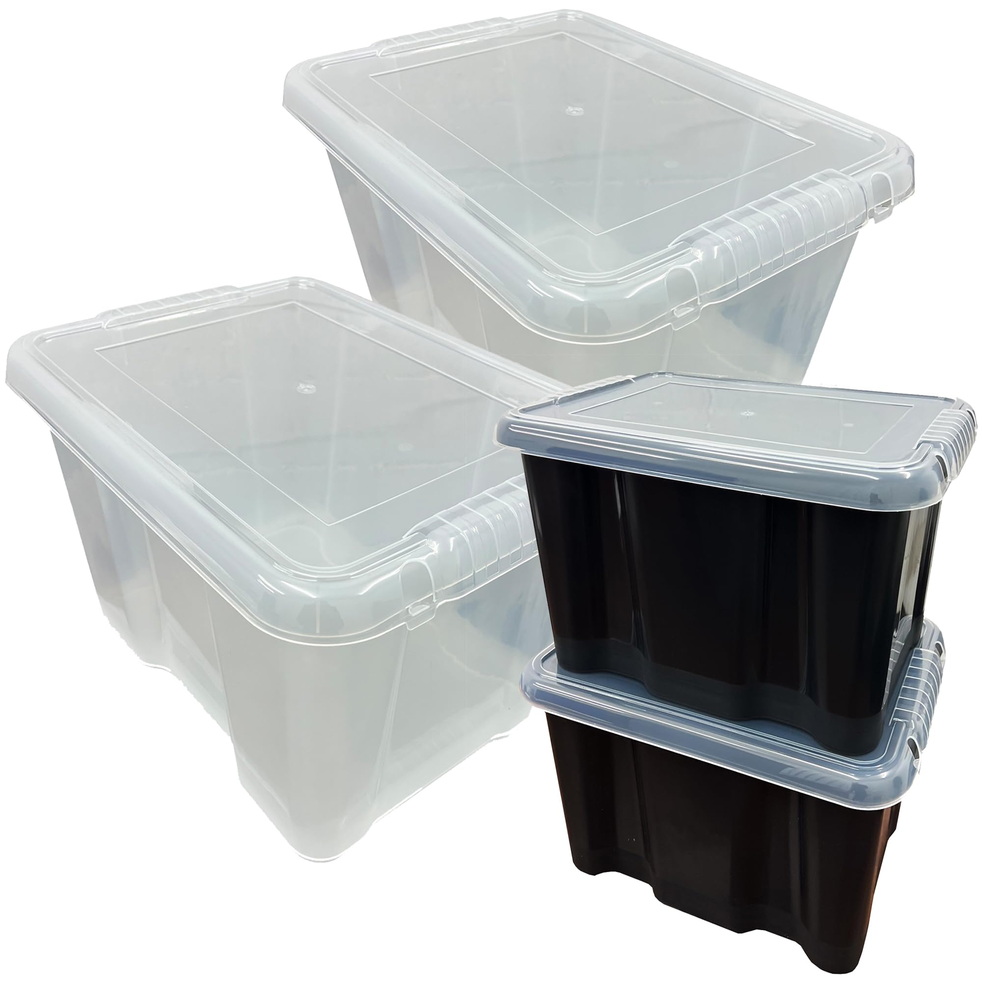 Storm Trading Group Clear (Clear Box & Clear Lid) 24 Litre Plastic Stacker Box - Large Storage With Lids For Home Office (3 Stackable Boxes, Clear Box & Clear Lid)