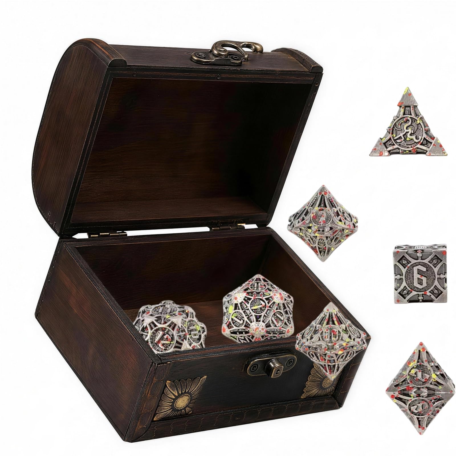 Ensemble de 7 Dés Polyédriques en Métal Rouge Brillant, Polis Miroir, pour Jeux de Rôle (D&D, Pathfinder, Jeux de Société et de Cartes).