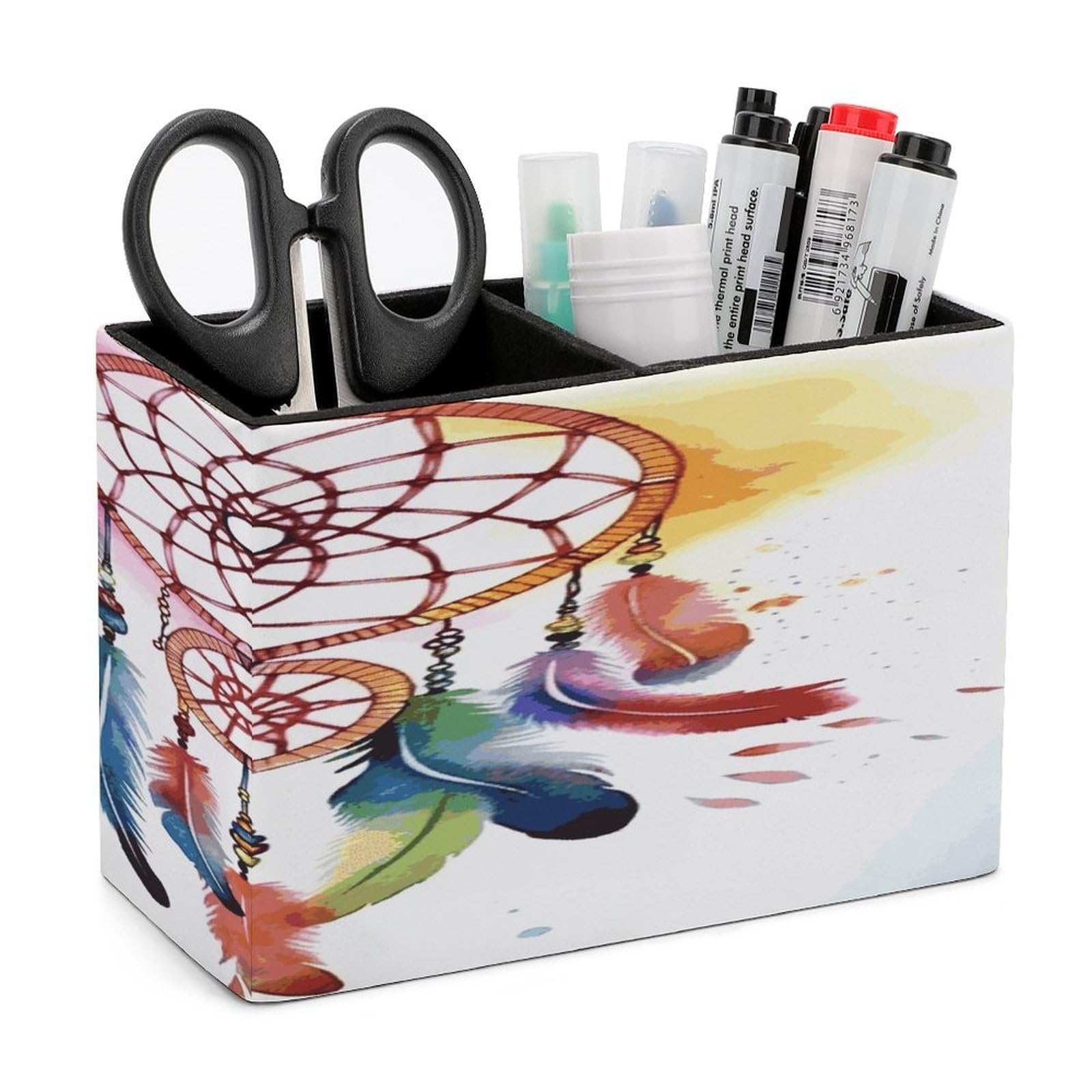 LDGSUPH Watercolor Dream Catcher Leather Pen Holder for Desk Organizer Caddy Large Pencil Cup Multi-function Pencil Holder Makeup Brush Holders Pen Organizer for Home Office Storage Box