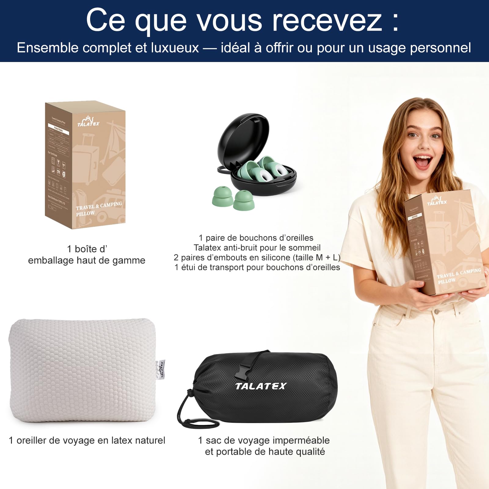 Talatex Oreiller de Voyage et Oreiller de Camping, 100% Latex Naturel Premium, léger et Facile à Transporter, avec Sac de Compression et Housse Amovible Lavable (40 * 30 * 15cm, Doux)