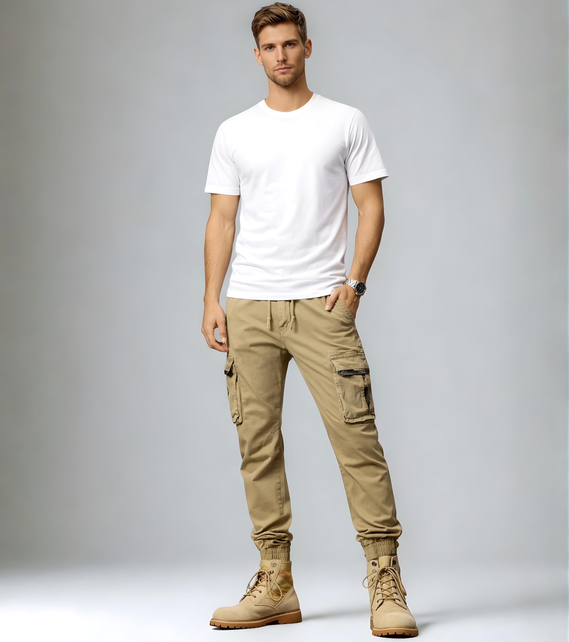 L'MONTE Imported Cargo Joggers for Men | Cotton Cargo Pants for Men | Slim Fit Casual Jogger Pants | Elastic Waist Stretch Trousers(32,Khaki)