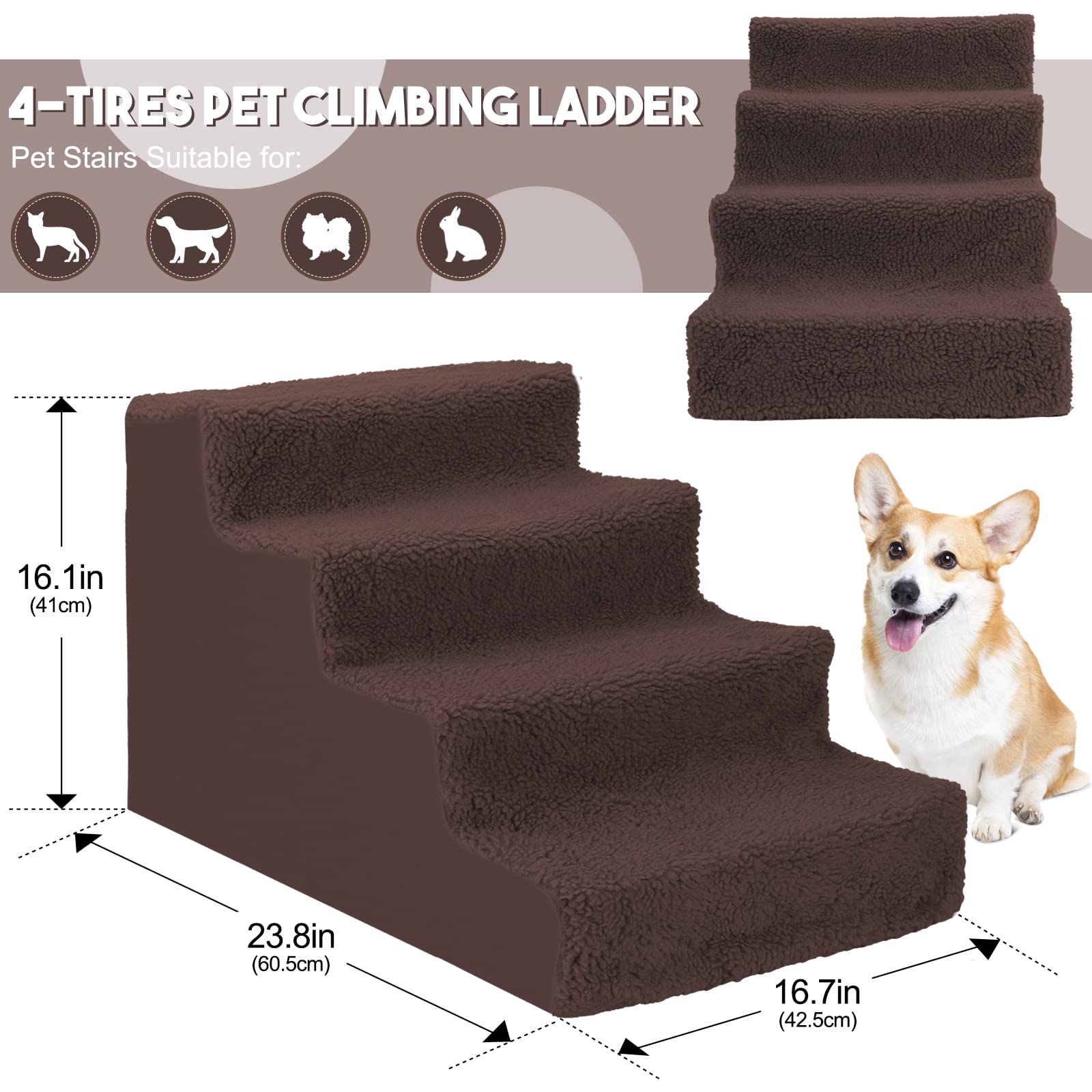 Kphico 4 Tiers Dog Steps, Widened Plastic Pet Stairs with Removable Cover, Non-Slip Dog Ramp Stairs for Couch, Sofa and High Bed Climbing - Send 1 Pet Grooming Gloves&1 Pet Hair Remover Roller