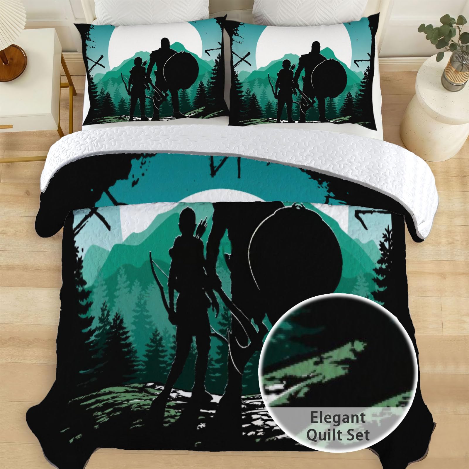Allenjoy Twin Size Warrior and Child Silhouette Quilt Bedspreads Forest Moonlight Scene Bed Set Bedding Coverlet Fabric Washable with 1 Pillow Sham SC00684-007