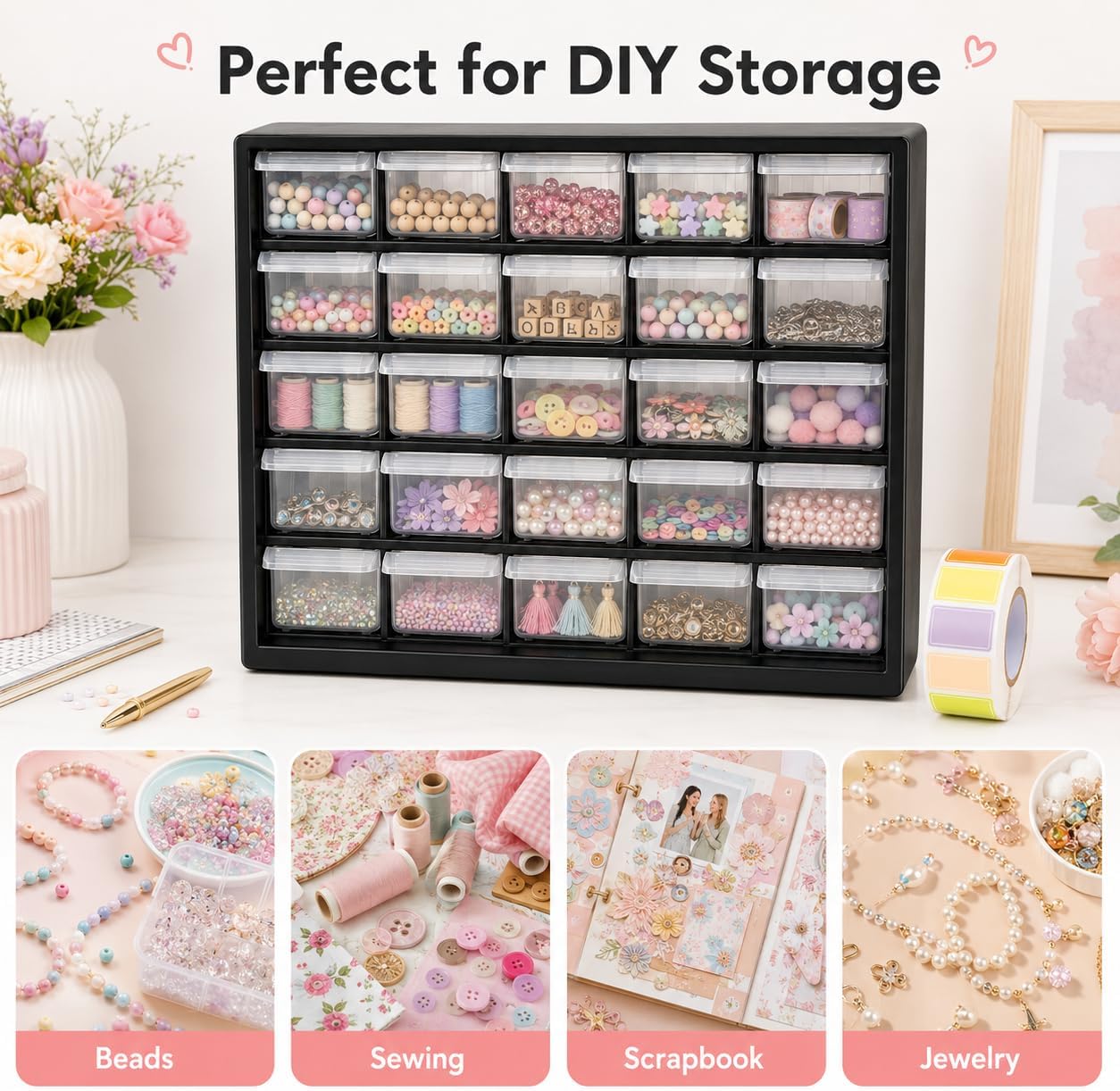 25-Drawer Craft Storage Organizer with Labels and Dividers | PP craft organizer with labels, dividers and bonus sticker roll