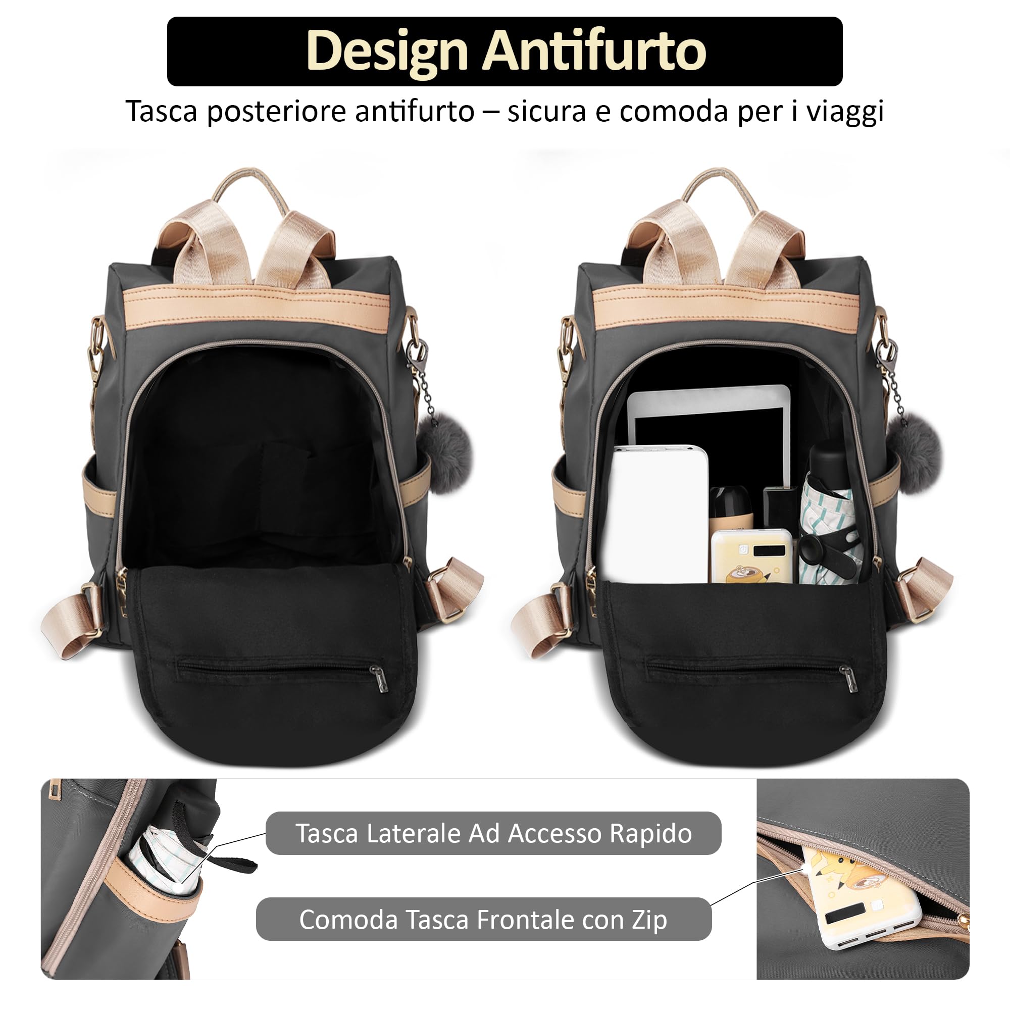 Zaino Antifurto Donna, Zainetto Piccolo Impermeabile Leggero con Tasca Posteriore di Sicurezza — Borsa Zaino Donna Casual per Lavoro, Viaggio e Quotidiano Grigio