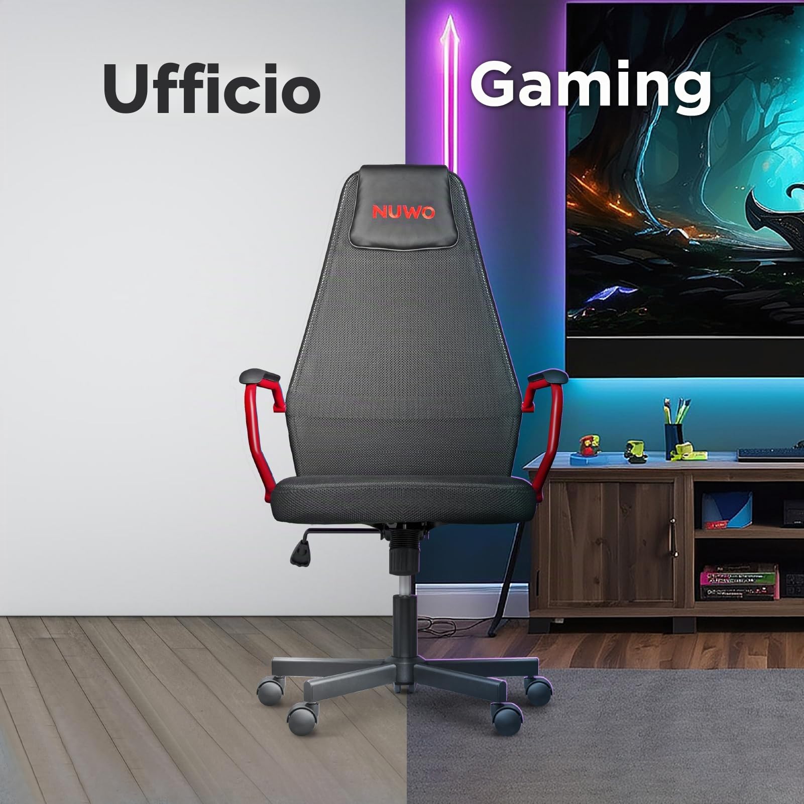 Nuwo Grid Sedia da Gaming, Girevole, Regolabile in Altezza, Sedia da Scrivania e Ufficio Ergonomica, Seduta e Schienale Traspirante, Portata 110 Kg, Rosso