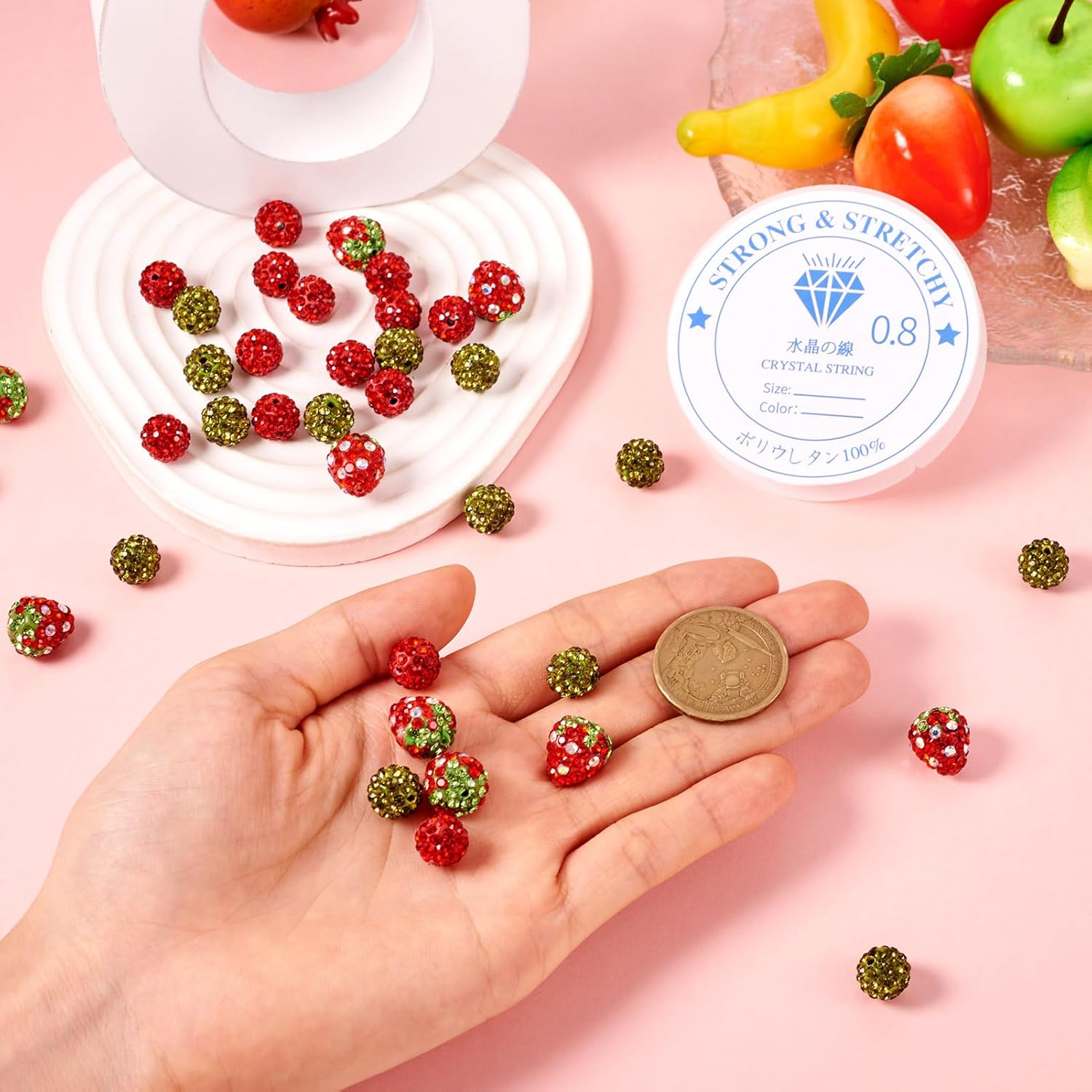 Beadthoven 40pcs Strawberry Clay Rhinestone Beads 10mm Round Crystal Glass Disco Ball Beads Red Green Craft Beads Bling Gem Diamond Beads for Bracelet Necklace Keychain Jewelry Making DIY Supplies - Image 5