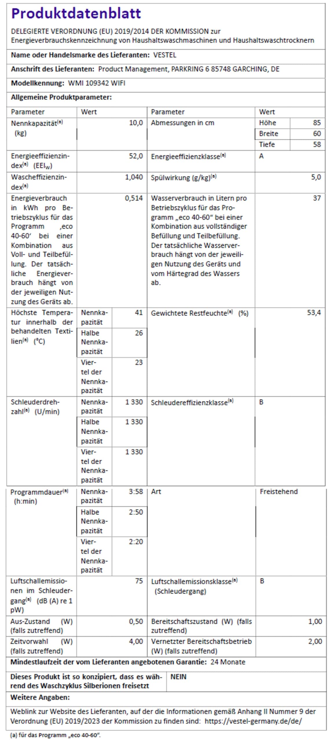 VESTEL WMI 109342 WIFI Waschmaschine 10 kg Frontlader – WLAN-fähig, Inverter-Motor, Energieklasse A, 1400 U/min, Schnellprogramm, leise, App-Steuerung, unterbaufähig, weiß