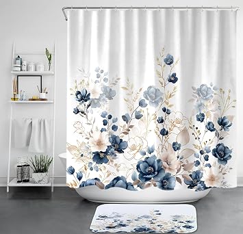 Sanzugh Navy Blue and Gold Flower Shower Curtain with Bath Mat Rug for Bathroom, Boho Floral Leaves Flower Cute Fabric Shower Curtain 72 X 72 in with Non Slip Bathroom Floor Rugs Mats 17X29 in