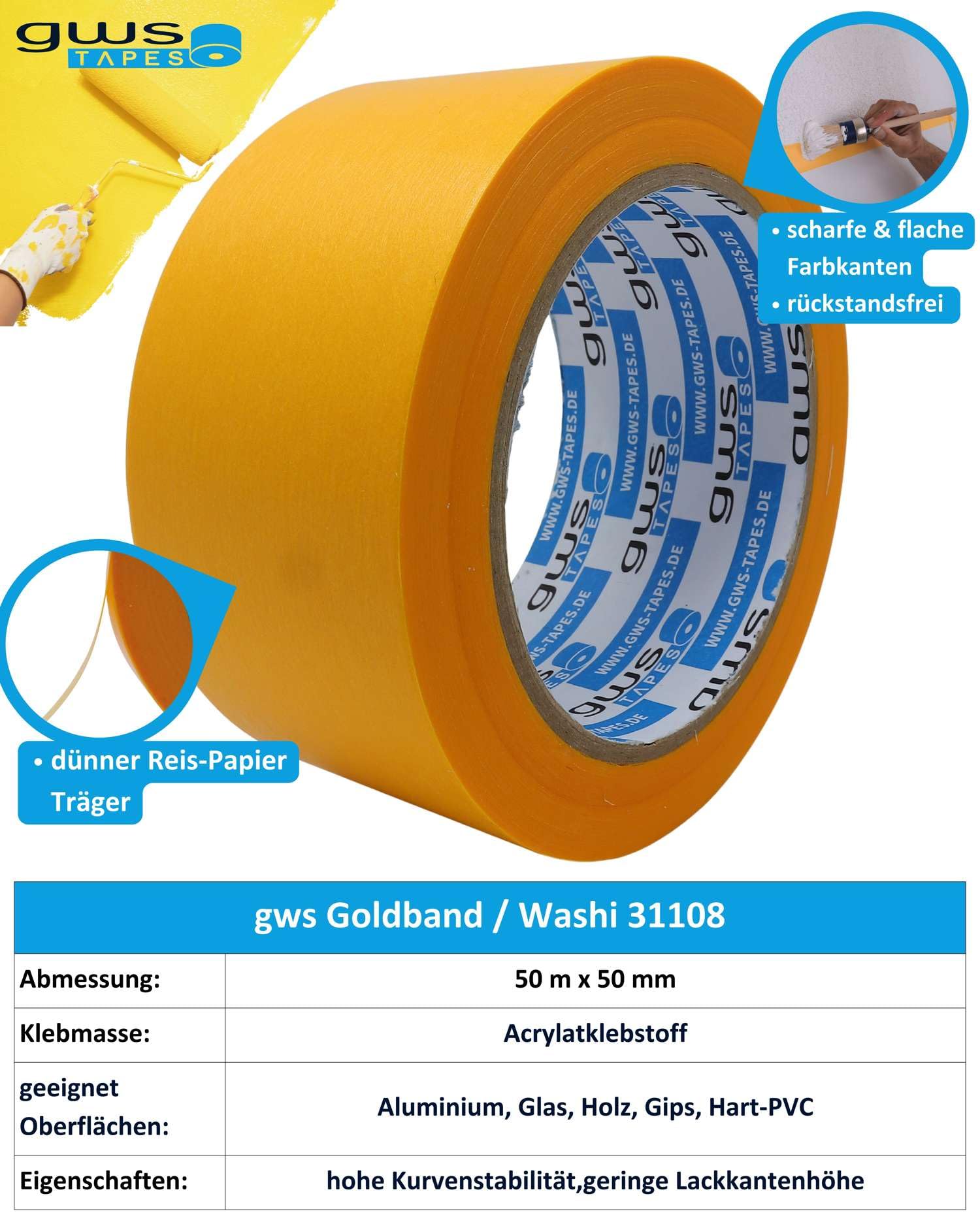 gws 24 Rollen (1VE) Goldband, Malerband zum Abkleben zum Streichen, Malen, Lackieren, Basteln und vielem mehr, Maler-Abdeckklebeband, Rückstandsfrei entfernbar, dünn & stabil 50m x 50mm