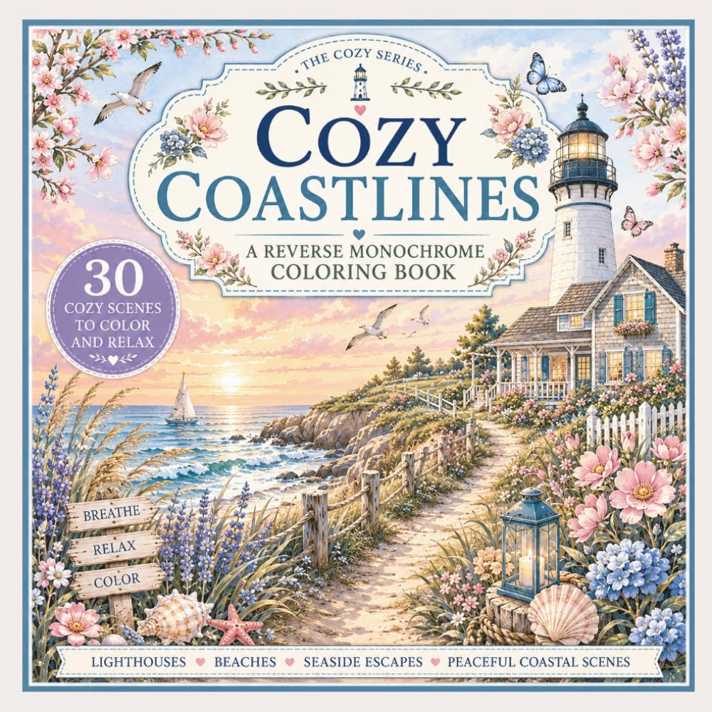 Cozy Coastlines and Lighthouses: A Monochrome Coloring Book (The Cozy Coloring Collection)