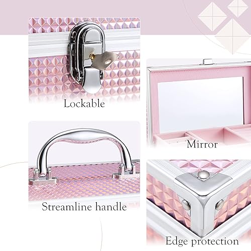 Miniatura 5 de Hododou Joyero organizador para niñas con cajón y espejo estuche de almacenamiento con cerradura estilo rosa brillante para niños o niñas pequeñas