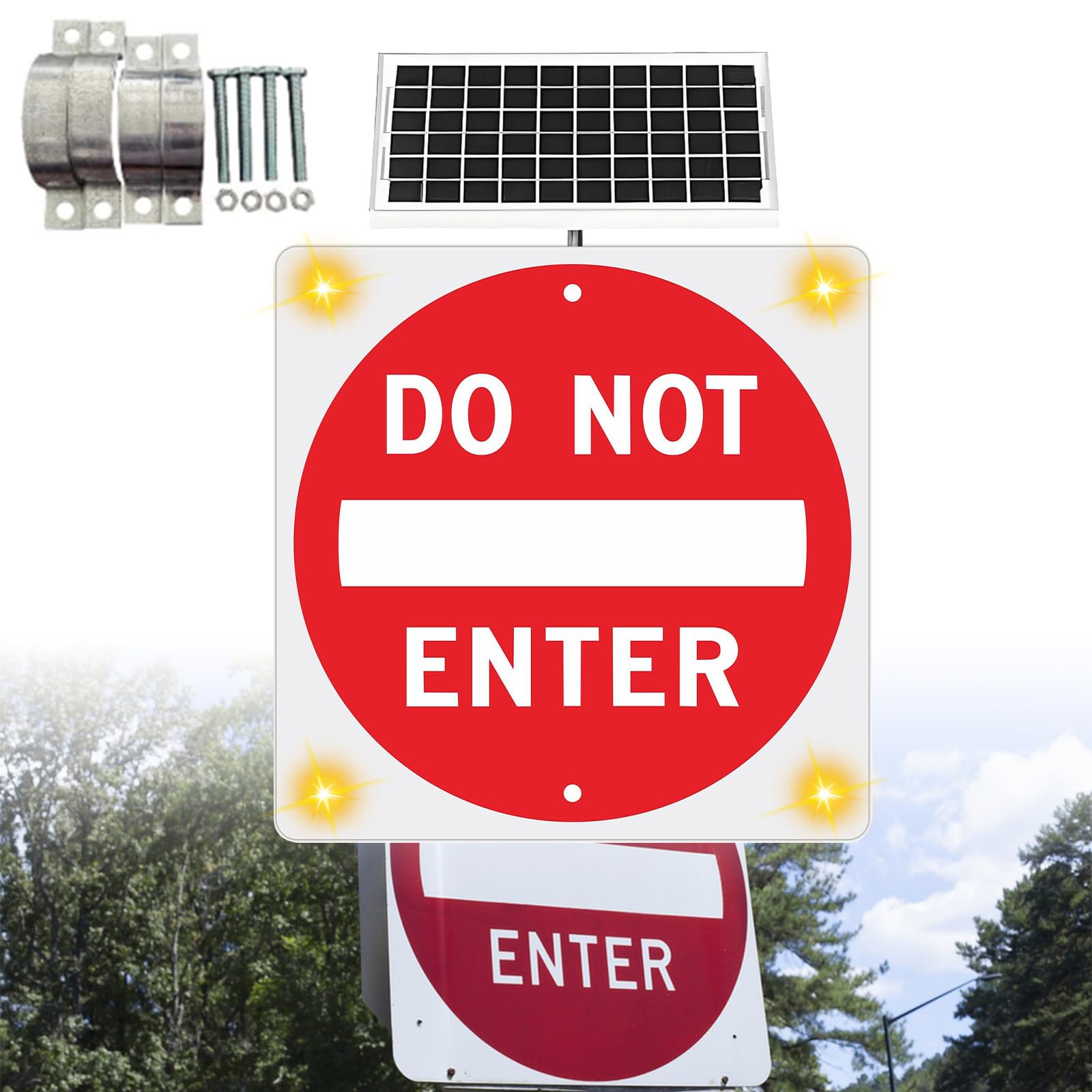 Cartel “Do Not Enter” De 24 X 24 Pulgadas, Señal Vial Cuadrada De Aluminio con LED Intermitente Alimentado por Energía Solar