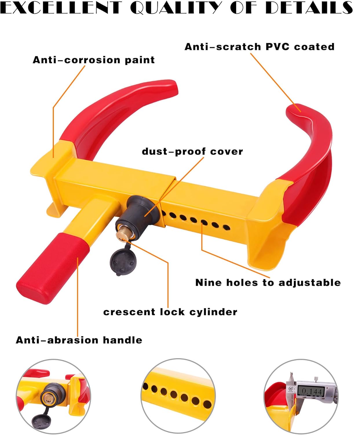 Tevlaphee Universal Wheel Lock Heavy Duty Security Trailer Wheel Lock Tires Anti Theft for Car SUV Boat Motorcycle Golf Cart Great Deterrent Bright Color with 3 Keys (Red-Yellow) : Automotive