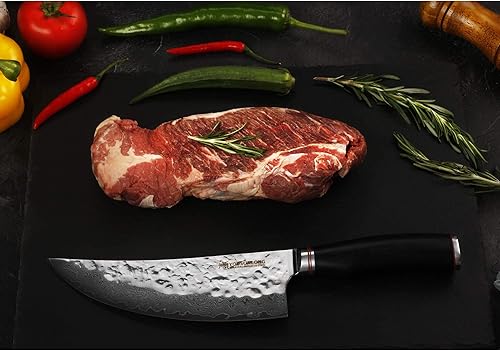 Miniatura 6 de YOUSUNLONG Cuchillo de carnicero de 8 pulgadas – Cortadores de carne japoneses martillados de acero inoxidable Damasco mango de madera de plomo