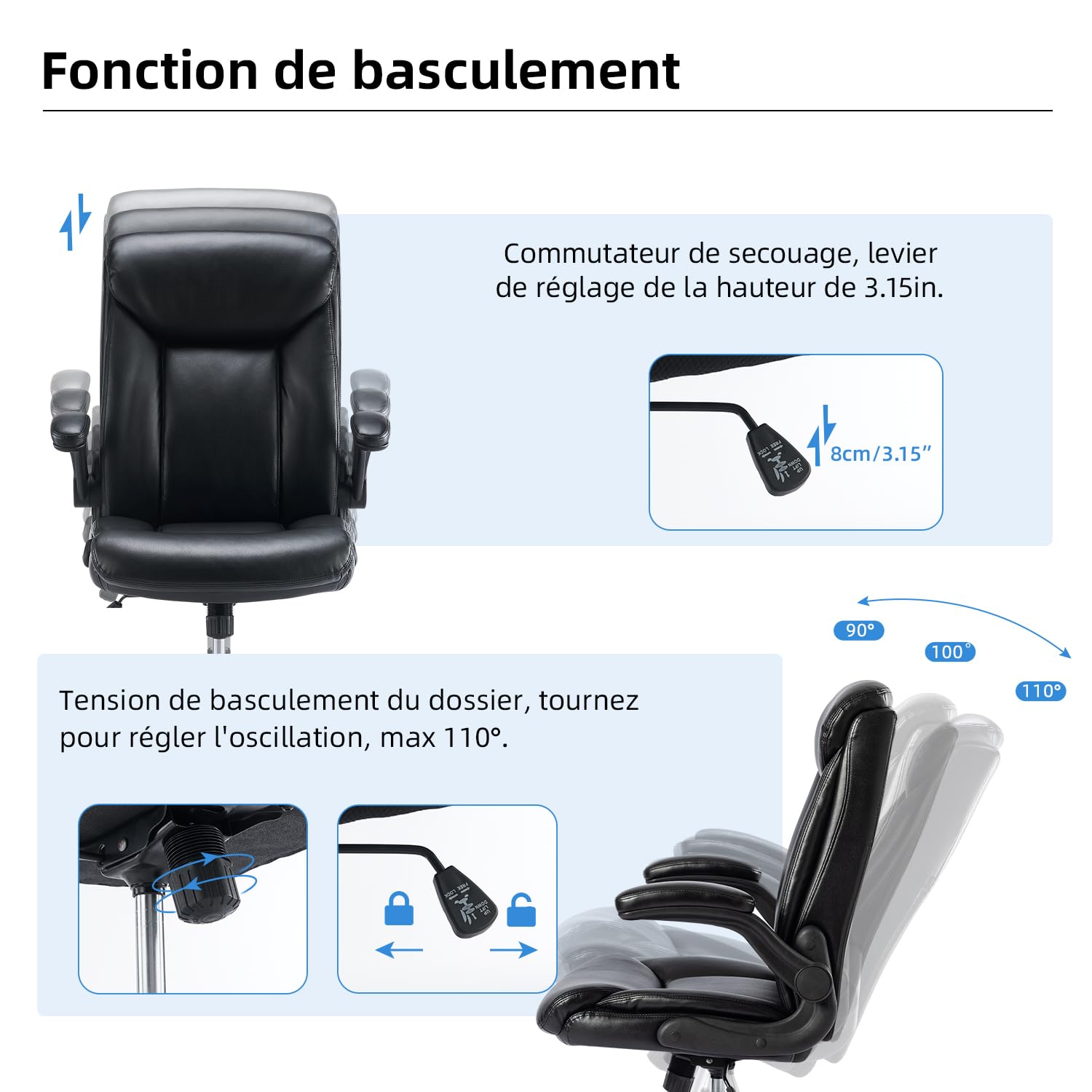 MZLEE Chaise de Bureau Ergonomique en Cuir, Fauteuil Confortable, Noir | Accoudoirs Relevables, Support Lombaire, Hauteur Réglable