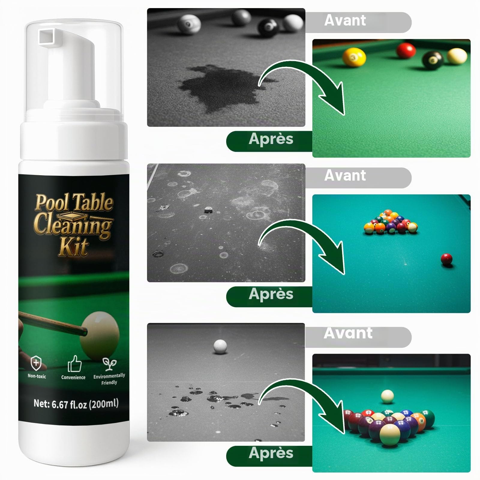 Kit de nettoyage en feutre de 200 ml pour tables de billard avec 2 brosses de table de billard, 1 éponge en fil d'acier, 1 chiffon