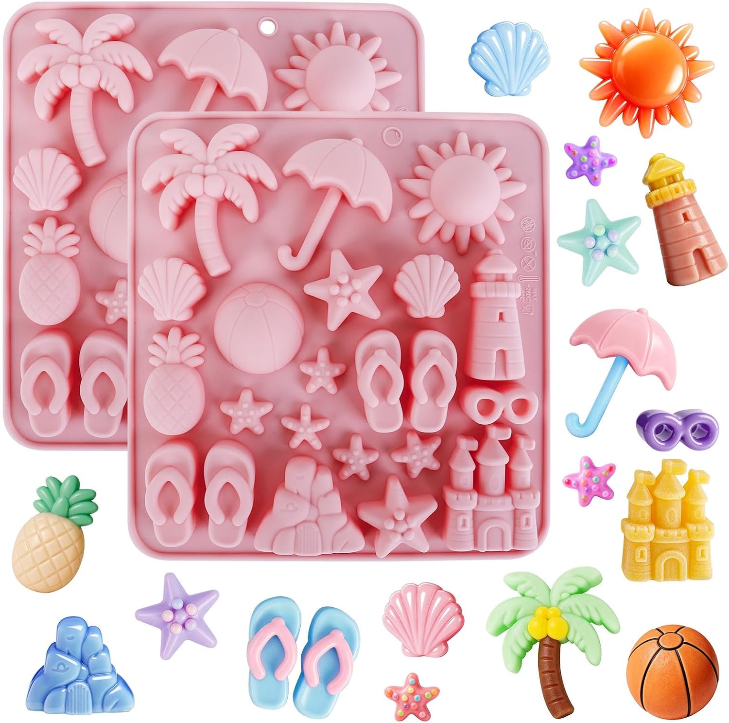 Beach Theme Silicone Candy Molds 2 PCS, Fuehbur Chocolate Moulds Set for Resin, Coastal Design with Palm Tree, Lighthouse, Seashell, Starfish, Pineapple, Sand Castle Tropical Patterns(2 Pack)