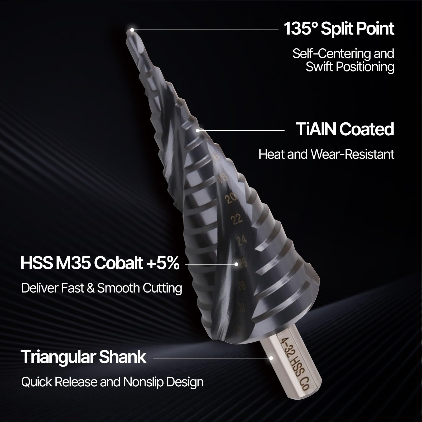 Trapano a gradini in metallo, 4-32 mm, 15 livelli, HSS M35, scanalatura triangolare per acciaio inossidabile, lamiera di alluminio, ferro, plastica, PVC, legno