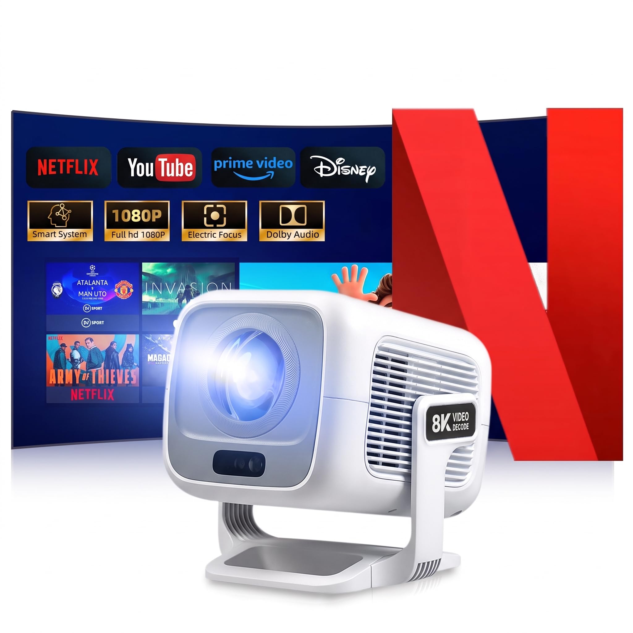 Beamer 4K [Kompatibel mit Netflix | Dolby Audio] 700 ANSI Smart-Projektor für Heimkino, Full HD 1080P, Autofokus, vertikale Trapezkorrektur fürs Auto, Kurzdistanzprojektor (Weiß)