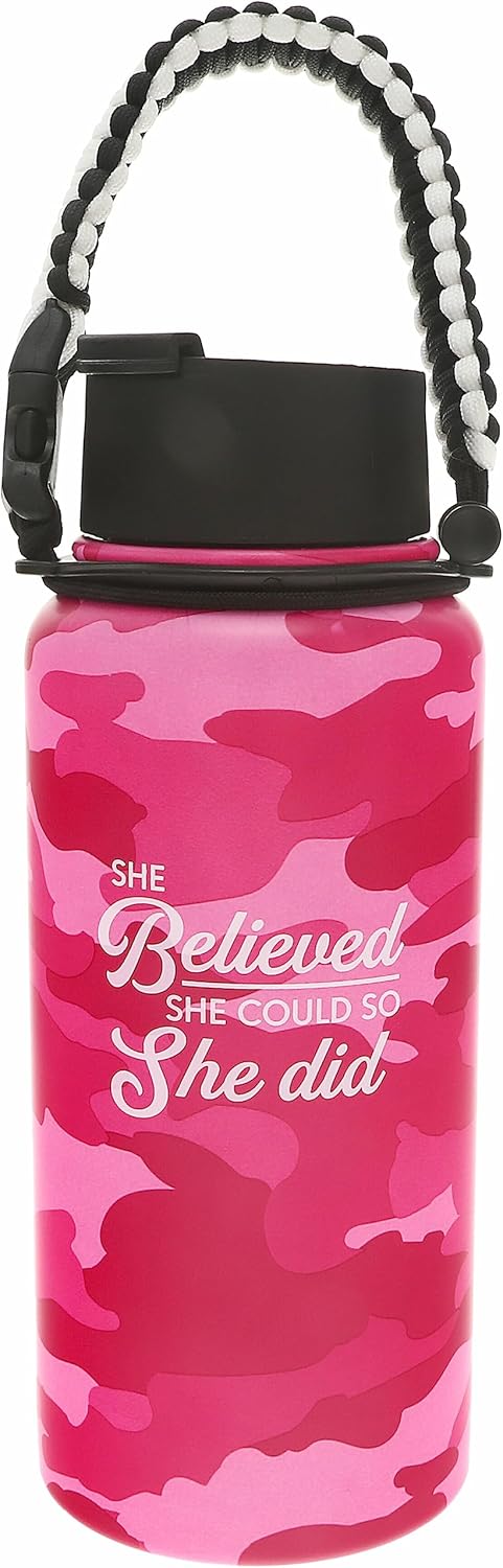 Pavilion Gift Company - She Believed 32 oz. Stainless Steel Water Bottle, Double Wall Tumbler Flask with Paracord Handle, Water Bottle With Lid, Sister Friend Birthday Gift, Camouflage Bottle, Pink