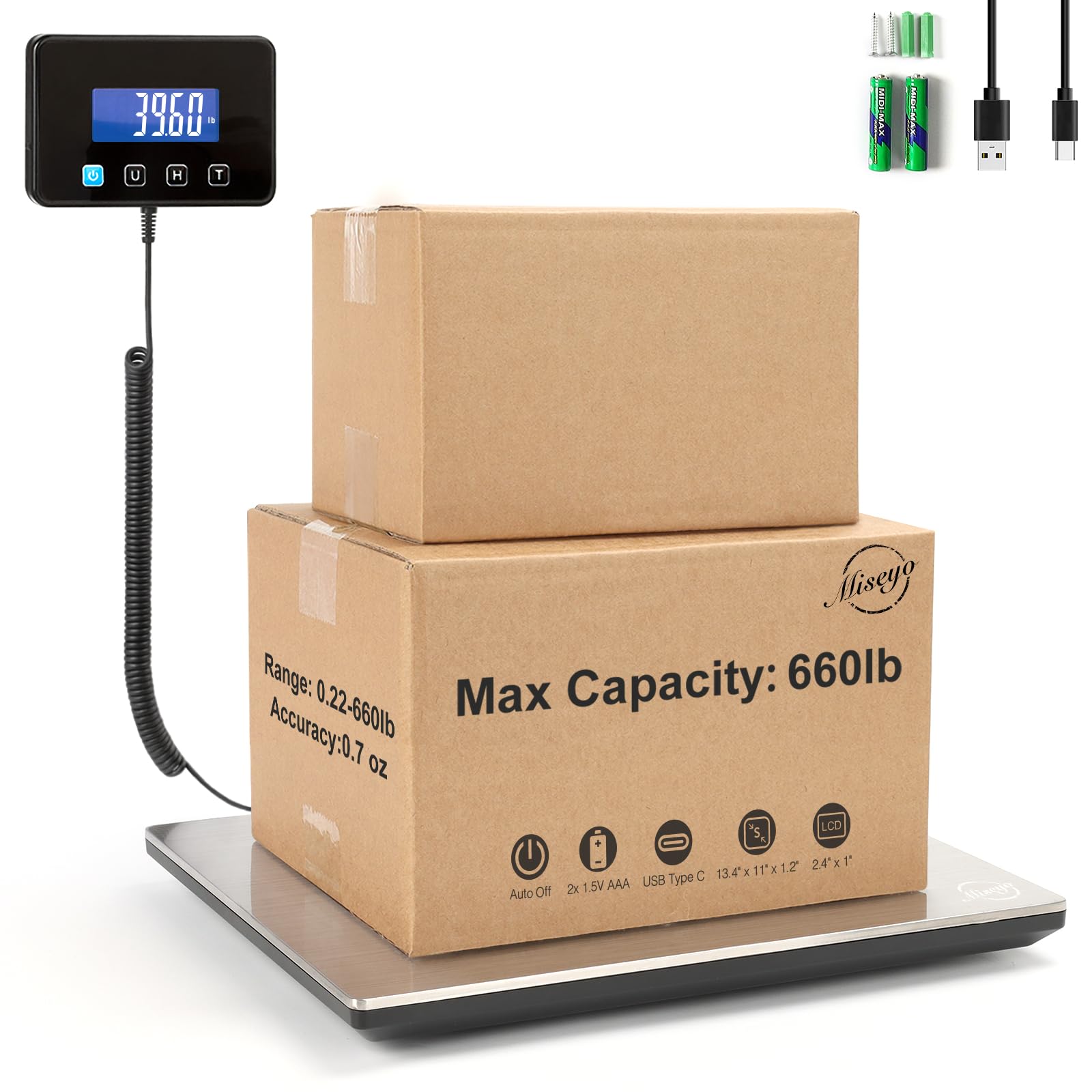 Digital Shipping Scale 660 lb High Accurate Stainless Steel Postal Scale for Packages, Luggage, Small Business, Warehouse, Battery & Charging Cable Included