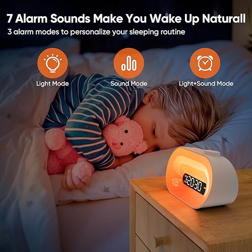 Miniatura 4 de Máquina de sonido de ruido blanco y reloj despertador de amanecer, 30 sonidos de sueño, 14 luces nocturnas, 0-100% atenuador, alarma doble,