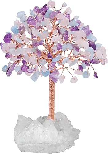 Nupuyai Árbol de cristal de amatista curativa hecha a mano y cuarzo rosa y aguamarina con racimo de cuarzo roca piedra energética bonsái árbol de