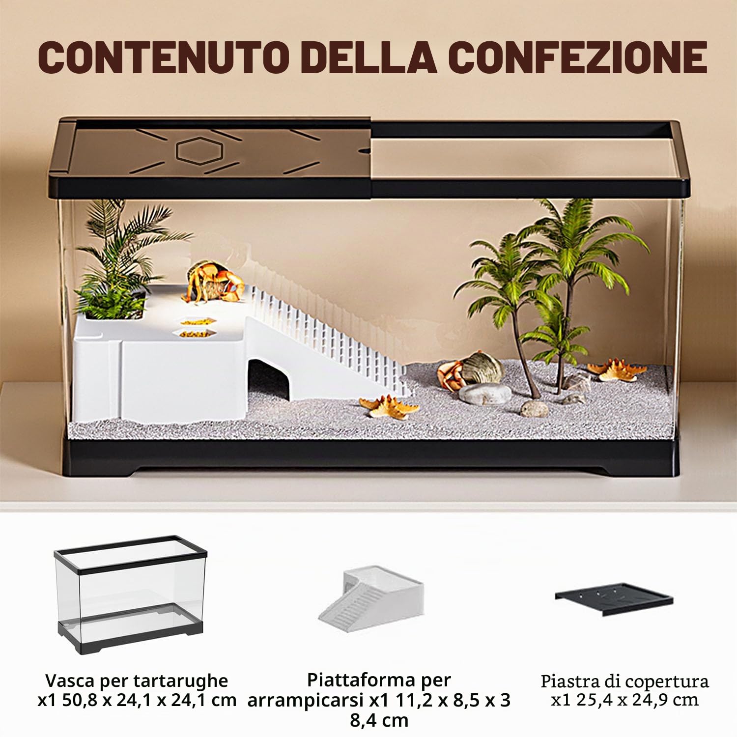 Acquario per tartarughe con drenaggio sul fondo, 20" x 9,5" x 9,5", per tartarughe giovani, gamberi di fiume, granchi, anfibi e rettili (nero)
