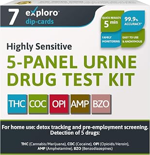 Exploro 5 Panel Drug Test Kit – at Home Urine Drug Test for THC, Cocaine, Opiates, Amphetamines & Benzodiazepines – Rapid & Accurate & Easy at Home Drug Testing Strips (Pack of 7)