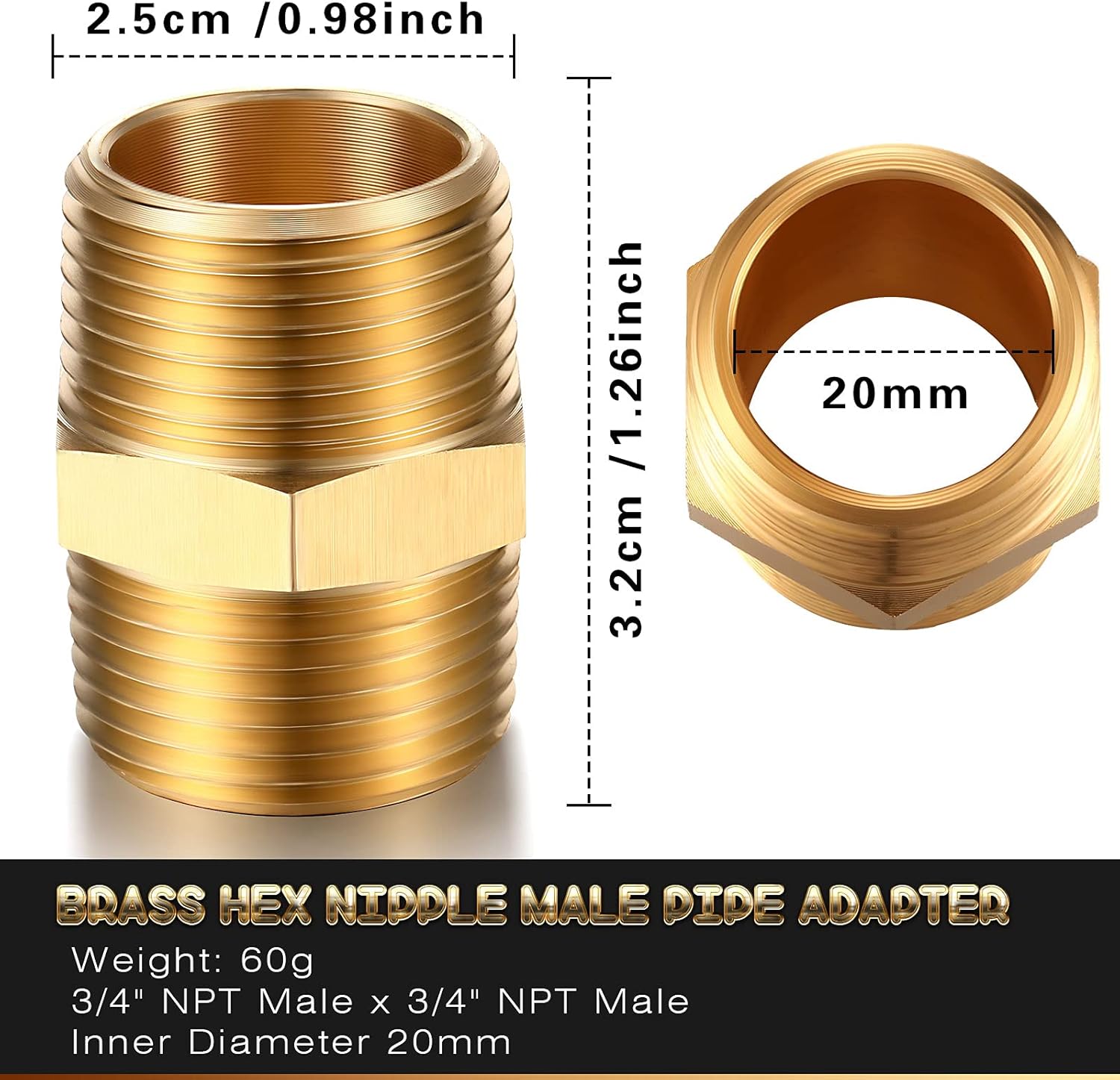2 Pieces Brass Pipe Fitting 3/4 x 3/4 Inch NPT Brass Hex Nipple Male Pipe Adapter, Straight Connector Fitting