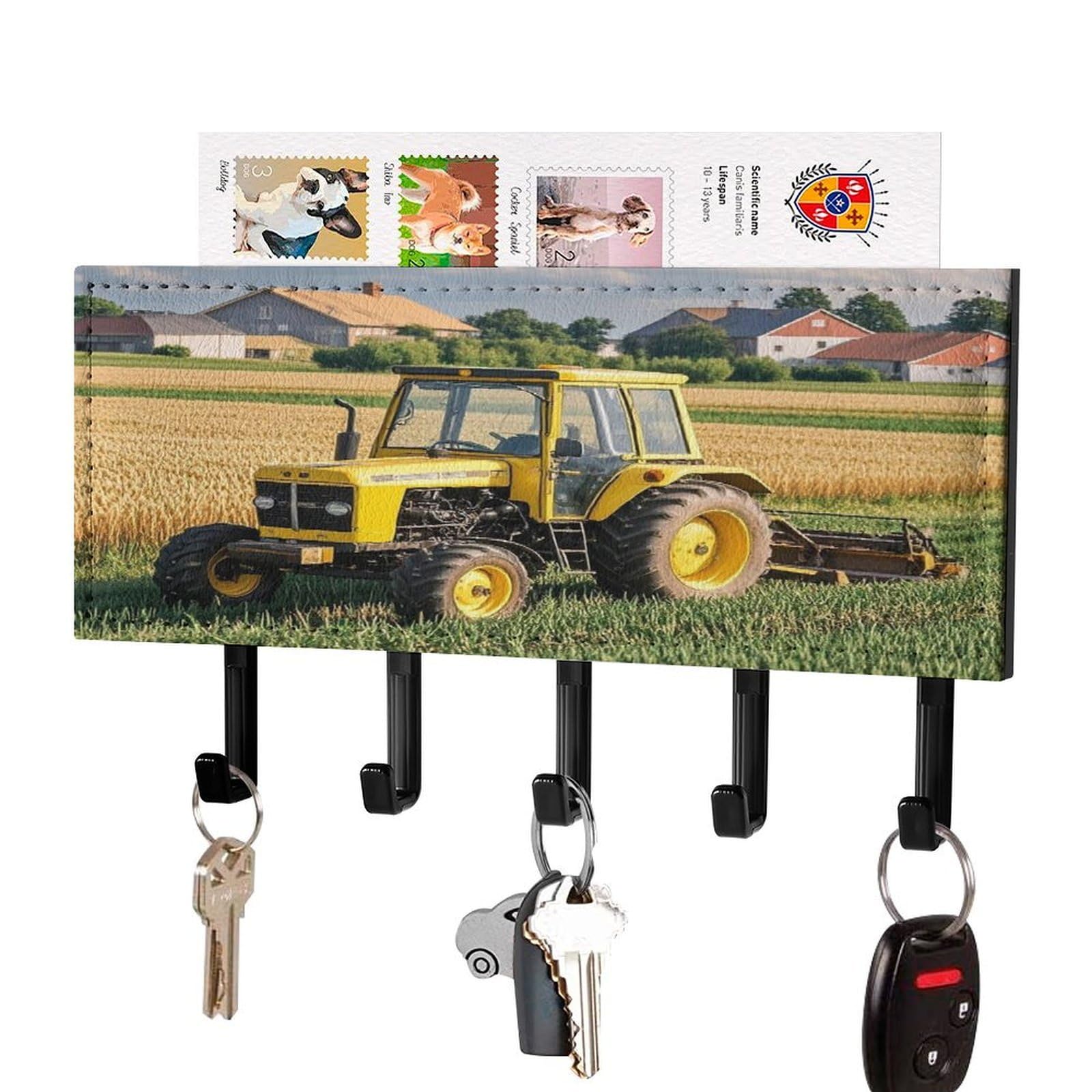 Fekiloot Black-Style Tractor Farm Key Holder Wall Mount Key And Mail Holder Key Hanger With 5 Hooks Decorative Pu Key Rack Hanging Key Hooks For Wall Living Room Kitchen Bathroom Hallway