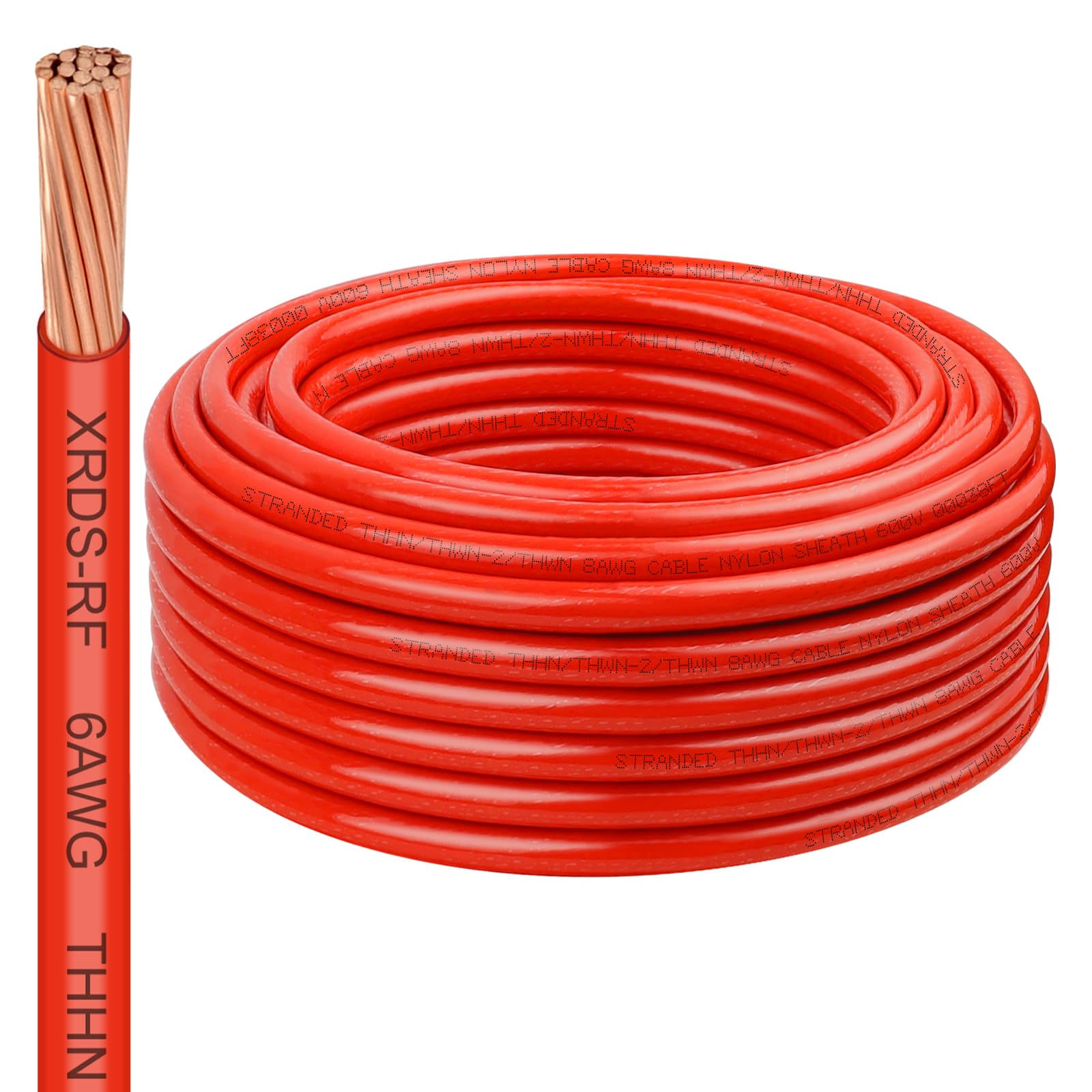 XRDS -RF Cable THHN de calibre 8, cable eléctrico de cobre trenzado rojo de 50 pies, 600 V, resistente al calor y al aceite, alambre de construcción de funda de nailon para uso en interiores y
