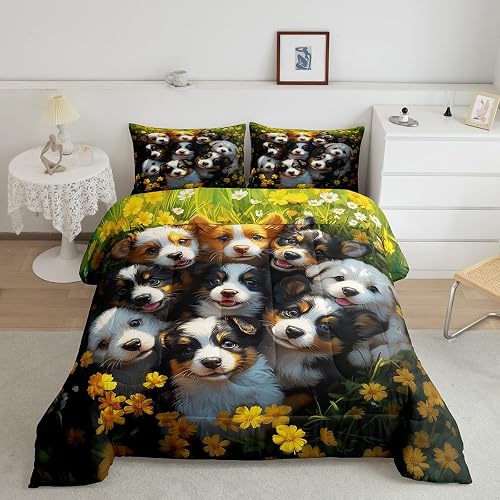 Feelyou Cute Dog Comforter Set King Size Kids Puppy Dog Floral Bedding Set for B