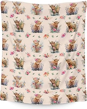 Mercuryelf Highland Cow Throw Blanket - Soft, Fuzzy & Warm - 40x50 Inches Flannel Blankets for Travel, Office - Beige Cute Throws Gift for Kids
