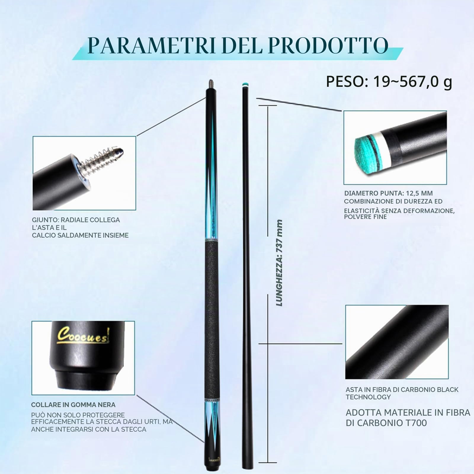 KHEALING Stecca da Biliardo Professionale Fibra di Carbonio Nera 12,5 mm 147 cm