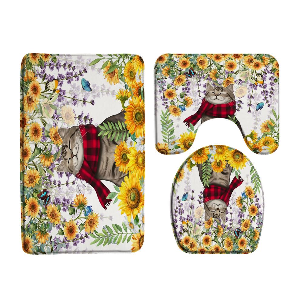 VPUPCN Funny Cat Sunflower 3 Pcs Bath Rugs Set,Yellow Floral Plant Butterfly Cute Kitten Rustic Farmhouse Animal Bathroom Kitchen Rug with 16