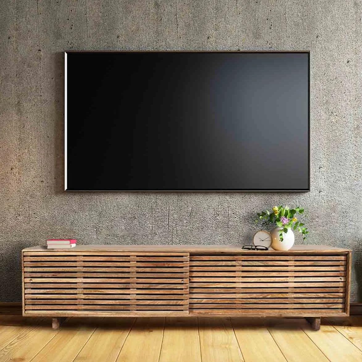 Solid Mango Wood TV Unit with Slatted Sliding Doors Modern Entertainment Center for Living Room Natural Finish-image-27