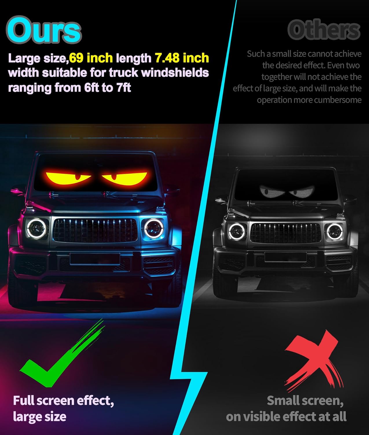 69" * 7.48" Extra-Large Size Devil Eyes Light, Led Eyes Strips for Cars, Truck & SUV Perfectly Synced Dynamic Patterns, Remote & Bluetooth APP Control, USB-Powered, IP68 Waterproof