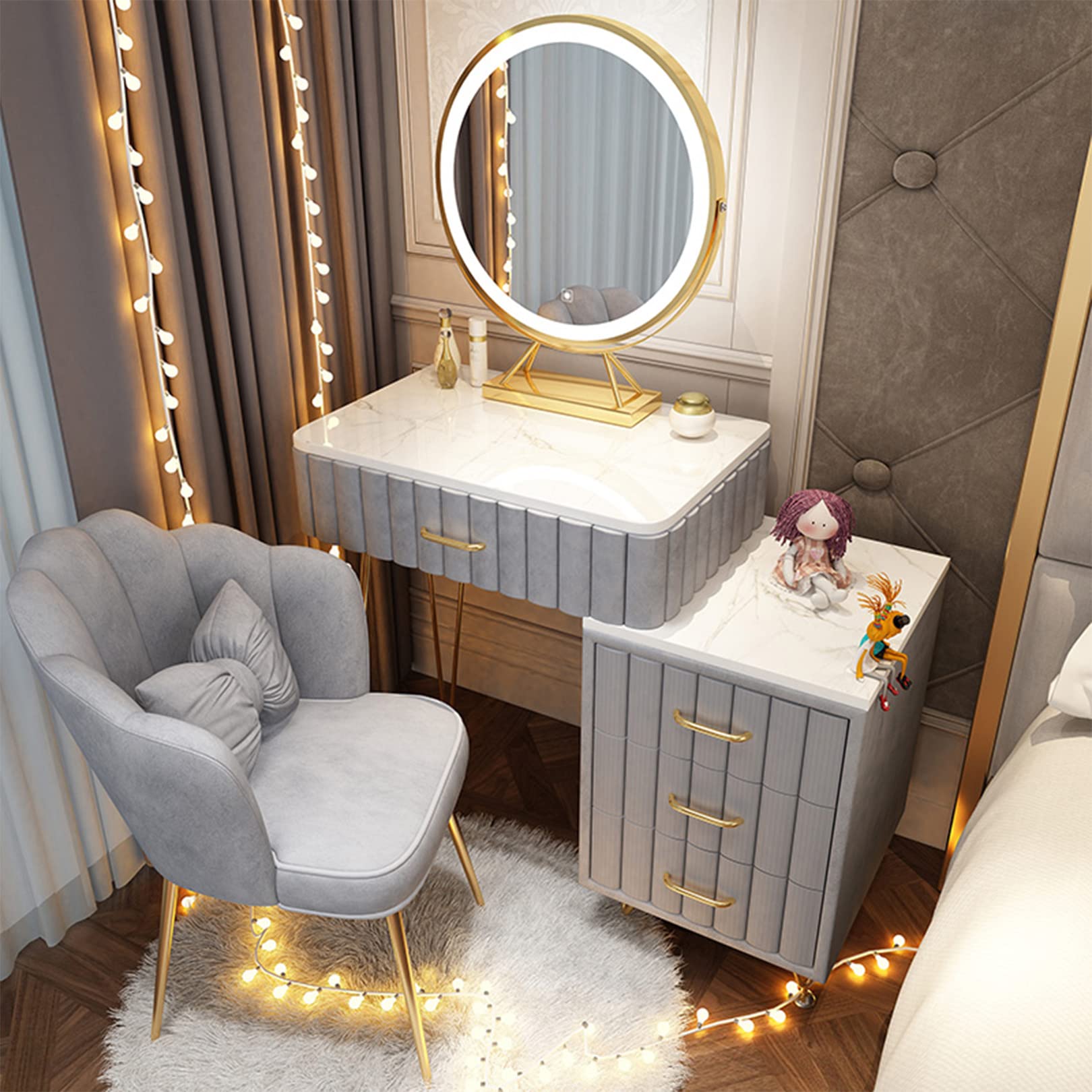CGCSYZ Modern Pink Vanity Desk with Adjustable Brightness LED Mirror 4/5 Drawers Stool Included Stylish Makeup Table for Bedroom(Grey-60cm)