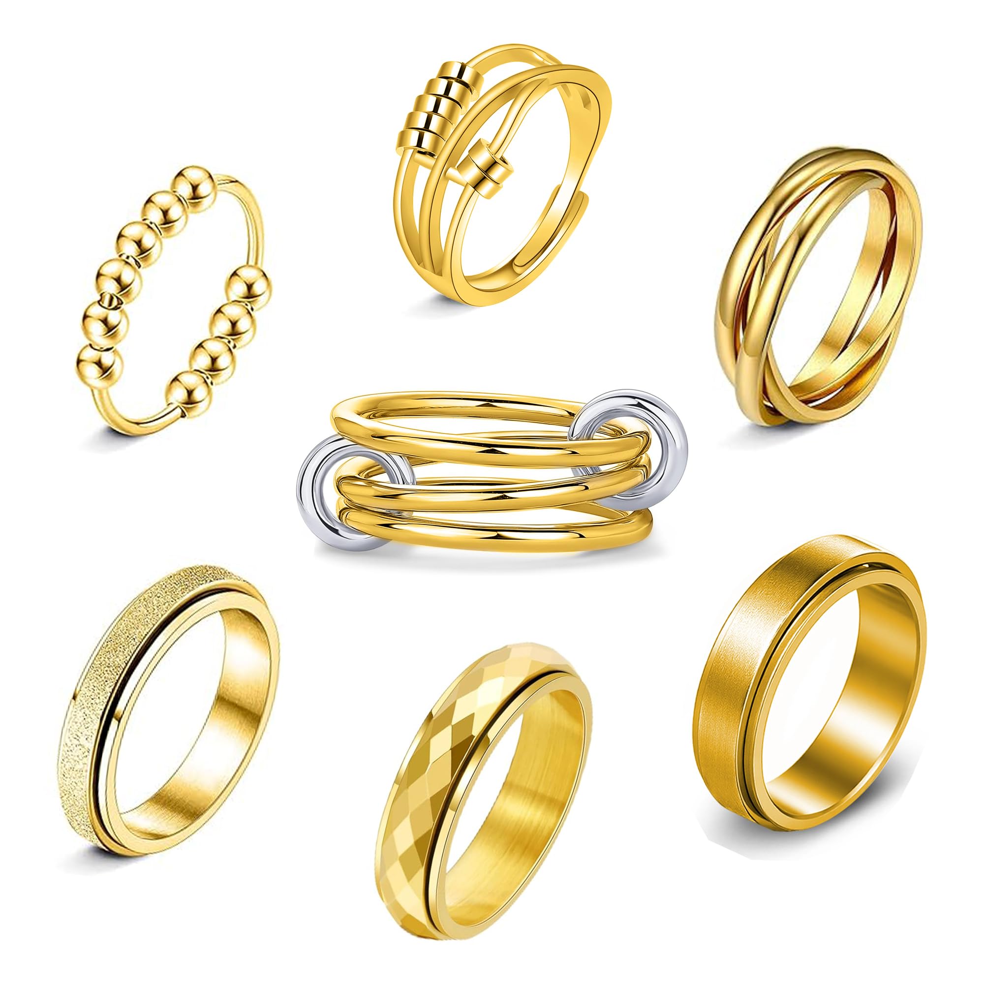 LOFITOR Fidget Rings for Anxiety 7pcs Stainless Steel Spinner Ring Anti Anxiety Ring Spinning Interlocking Cool Stress Relieveing CZ Fold Rings for Women Men Band Rings Set Elegant Gold — image 1
