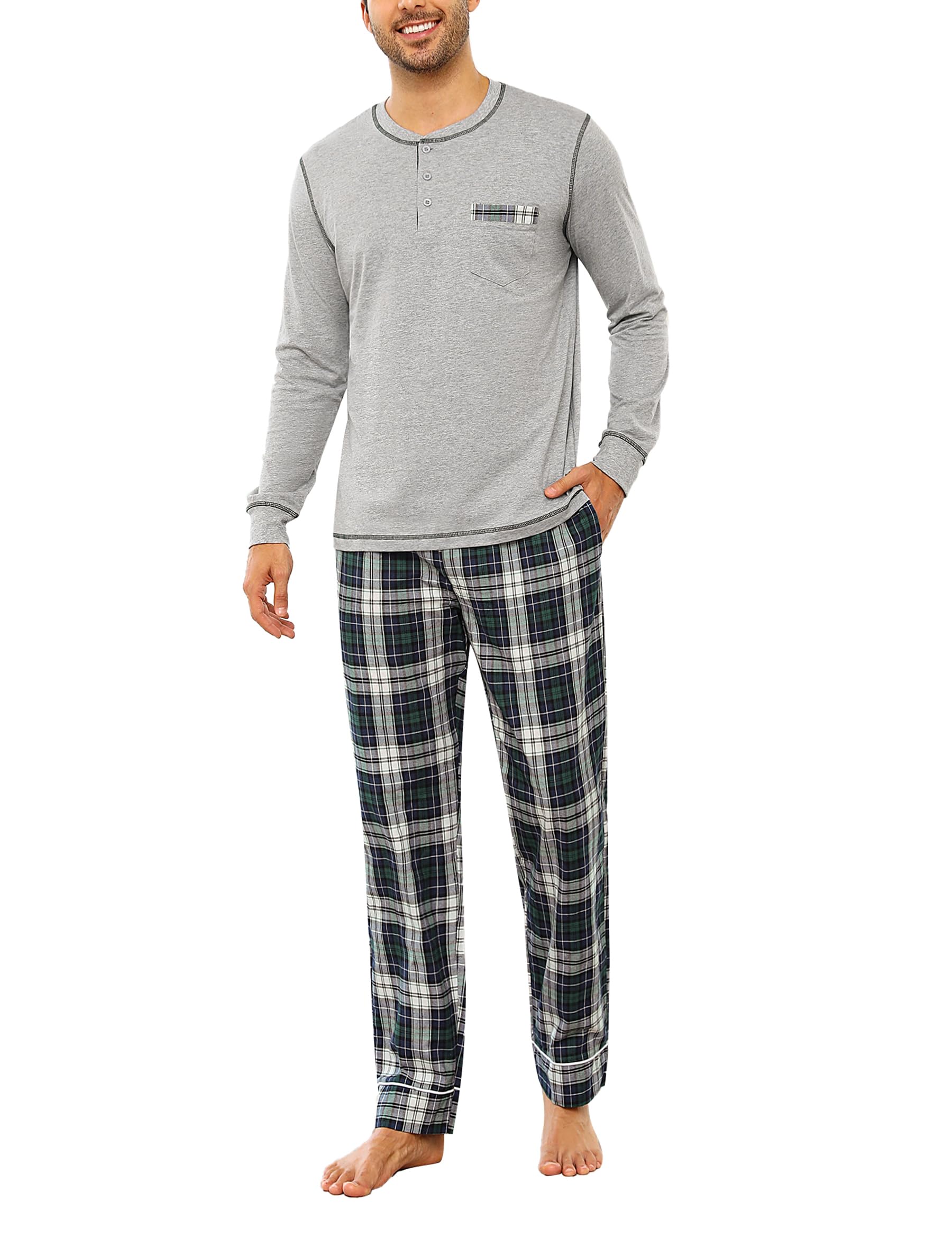 Litherday Schlafanzug Herren Lang Kariert Zweiteiliger Nachtwäsche aus 100% Baumwolle Pyjamas Set mit Rundhals Winter Pyjama