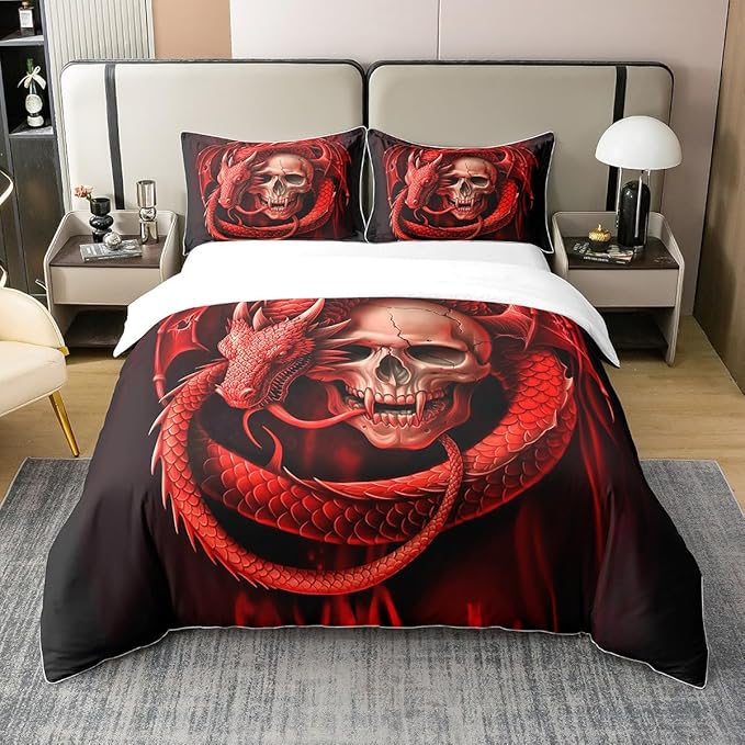 Erosebridal 100% Cotton Sugar Skull Bedding Set Full Size,Gothic Skull Skeleton Bed Set,3D Dragon Animal Duvet Cover,Black Red Comforter Cover Soft Breathable,2 Pillowcases