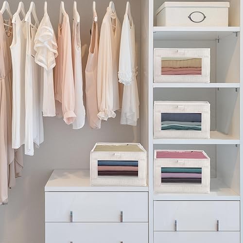 Miniatura 5 de Coloch Paquete de 6 contenedores de almacenamiento de lino con ventana transparente, caja de almacenamiento plegable para armario, organizador de