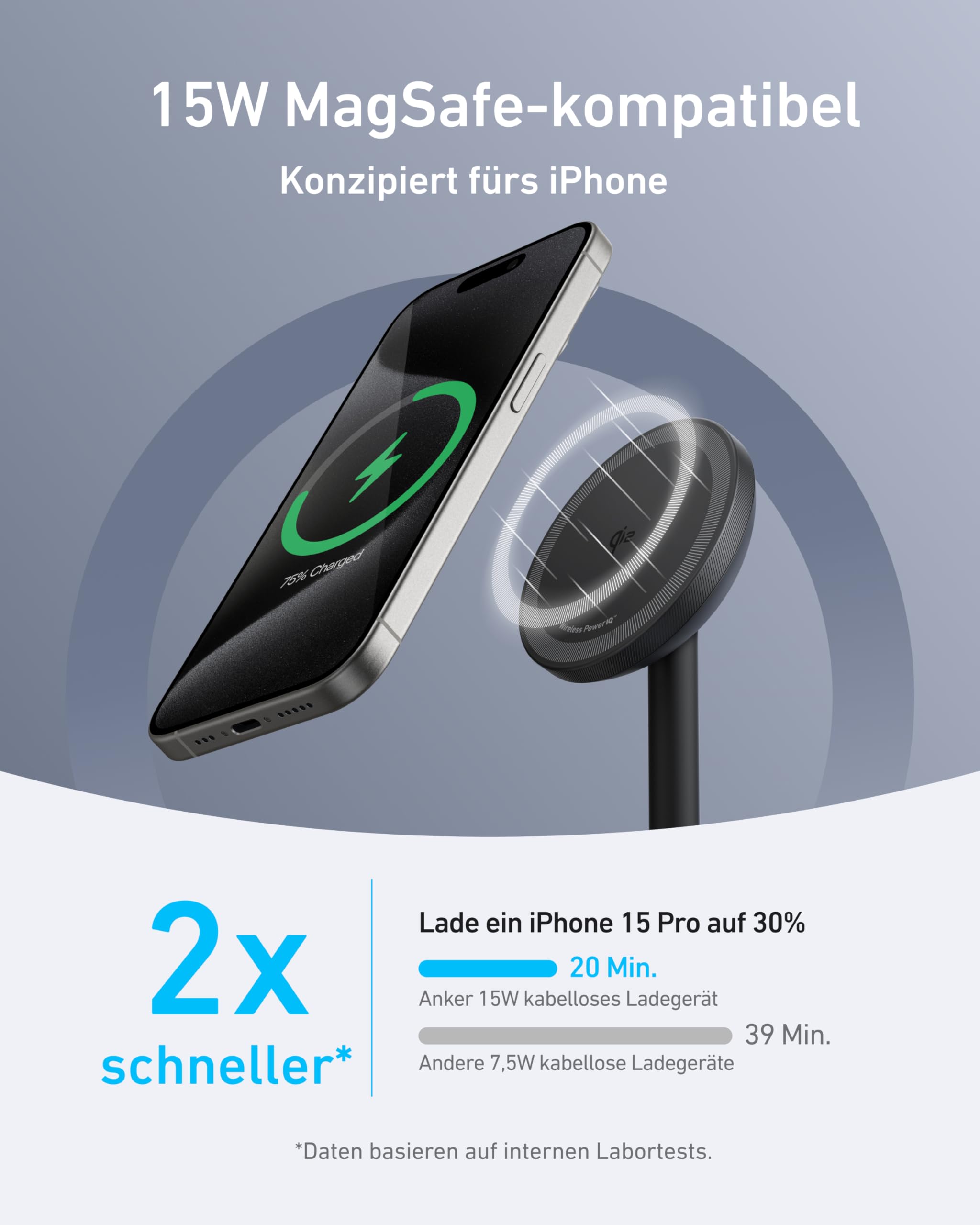 Anker MagGo kabellose Ladestation, 15W Qi2 für MagSafe, Ständer mit USB-C Kabel, Magnetisches Ladegerät für iPhone 17/16/15/14/13/12, AirPods (ohne Netzteil)