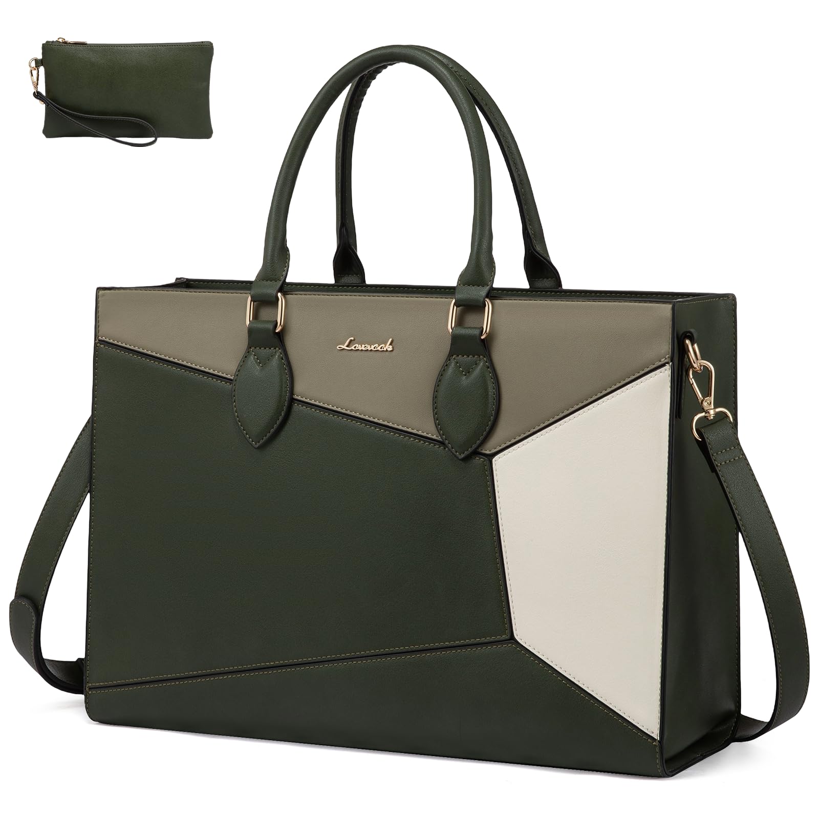 LOVEVOOK Laptop Bag for Women,17 lnch Waterproof Lightweight Leather Tote Bag,Professional Business Office Work Bags with Clutch Purse,Large Capacity Computer Shoulder Handbag,Green-Green-White